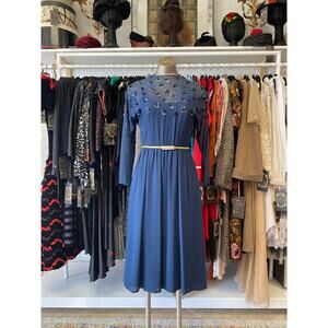 vintage 1970s navy sheer silk chiffon dress sequin dots victoria royal ltd small